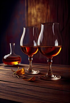 Scenic image of two glasses of cognac. AI Generative Art.