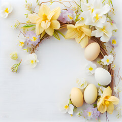 Easter eggs and narcissus flowers on white wooden background. Top view. AI Generative