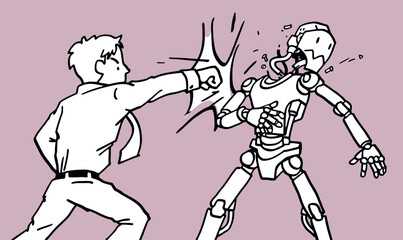 Humans fight with AI. Artificial Intelligence robot, hand-drawn sketch-style vector