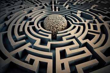 Neuroplasticity, Cognition, Intelligence concept. Brain Fitness, Training, Games. Brain Shape Maze, big labyrinth with Brain in center. AI generative - obrazy, fototapety, plakaty