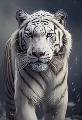 Portrait of a white tiger in the background of a snowy landscape. AI generated