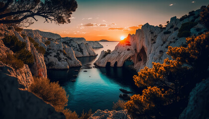 Beautiful spring scenery. Colorful morning scene. Fantastic sunrise. Picturesque seascape of Mediterranean sea. Digital ai artwork	