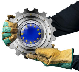 Manual worker with work gloves holding a metallic cogwheel with the European Union flag inside, isolated on white or transparent background. Png.