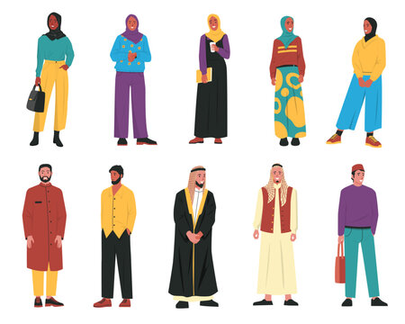 Various arabic people. Cartoon muslim male female characters, persons in traditional arabian clothes, woman in hijab man in islamic headwear. Vector set