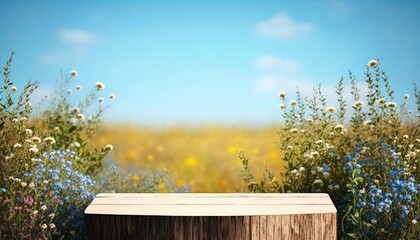 Wooden empty table surface closeup on background of meadow flowers and leaves and summer blue sky background with empty space for product placement - obrazy, fototapety, plakaty