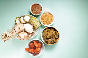 Malaysian Traditional Muslim Food During Hari Raya, Lemang, Ketupat, Rendang, Serunding, Ayam Masak Merah and kuah Kacang. Called Juadah Raya.  