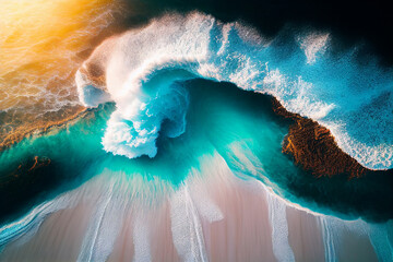 Fototapeta na wymiar Sea waves, top view. Seashore sea waves, bright beach. Wave at beach. Splashing Waves in ocean with turquoise water. Sea aerial view in tropical sunset. Beach scene, drone view. Ai Generative