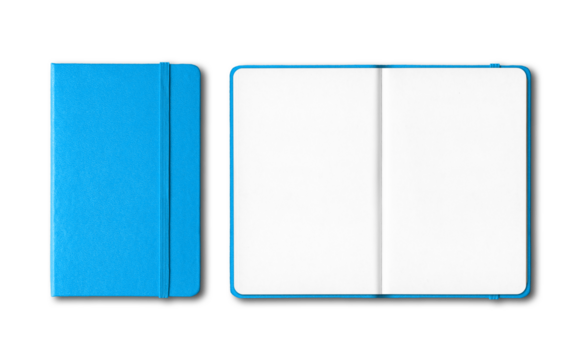 Cyan blue closed and open notebooks isolated on transparent background