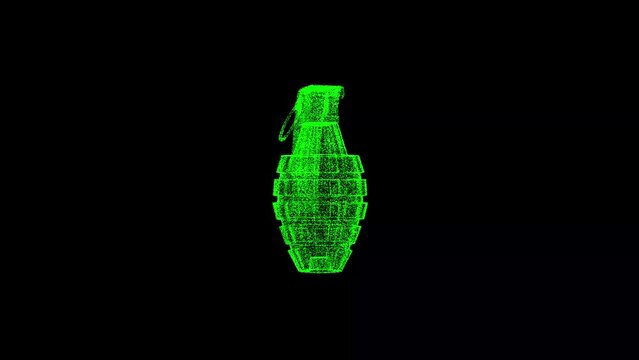 3D hand grenade rotates on black bg. Object dissolved green flickering particles 60 FPS. Business advertising backdrop. Science concept. For title, text, presentation. 3D animation.