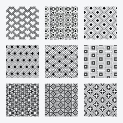Geometric swatches patterns. Nine swatches. Black geometric shapes. Vector seamless repeat pattern