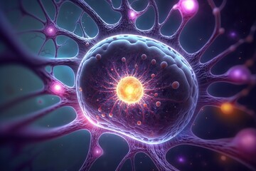 Space universe in a human brain cell. Structure of the human brain synapses. Generative AI 