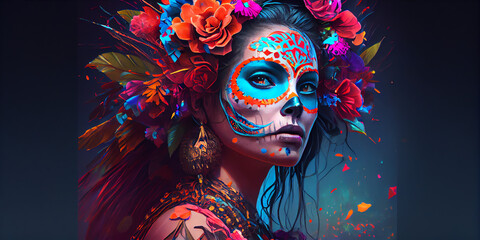 Day of the dead street festival, cartoon style, vivid, colourful, macabre, surreal, superb, tropicalpunk vibrant colors. Generative AI - obrazy, fototapety, plakaty