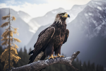 Fototapeta premium Majestic Eagle: Symbol of Freedom and Strength in a Scenic Mountain Landscape with Clear Blue Sky and White Clouds, Generative AI