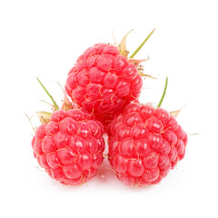 Three ripe red raspberries isolated on white background.