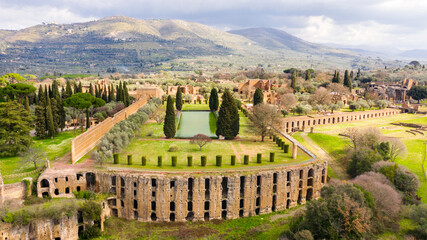 Aerial view of the Pecile in Hadrian's Villa. Villa Adriana is a World Heritage comprising the ruins and archaeological remains of a complex built by Roman Emperor Hadrian at Tivoli, near Rome, Italy.