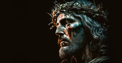Jesus Christ wearing crown of thorns Passion and Resurection. Easter card, Good Friday. Generative AI