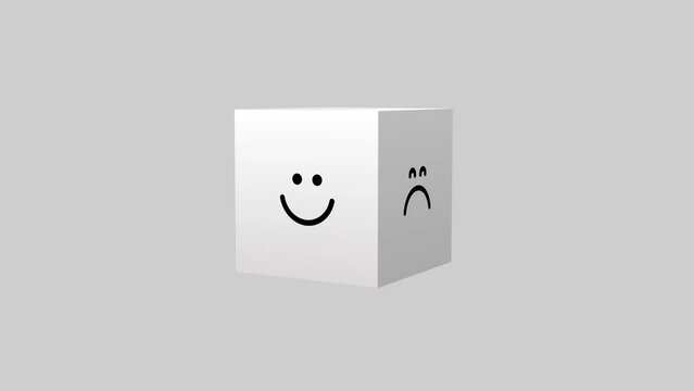 Smile Face in Bright Side on Block Cube VS Dark Side with Sad Face. Emotions Change. Positive Mindset, business Customer Feedback and Optimistic Mind Concepts. 3D Animation 4K Video 