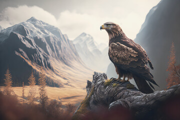 Fototapeta premium Majestic Eagle: Symbol of Freedom and Strength in a Scenic Mountain Landscape with Clear Blue Sky and White Clouds, Generative AI