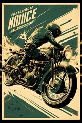 Vintage motorcycle t-shirt or poster. Monochrome illustration of classic motorcycle with text decoration and grunge texture. AI generated
