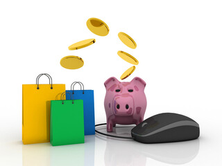 3d rendering Piggy bank with computer mouse near shopping bag
