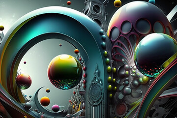 Beautiful 3D trippy psychedelic spheres and arches illustration - background, macro, psychic wave inspired, Generative AI