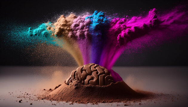 Artistic illustration of a human brain exploding with fantasy dust with knowledge and creativity. AI Generative.