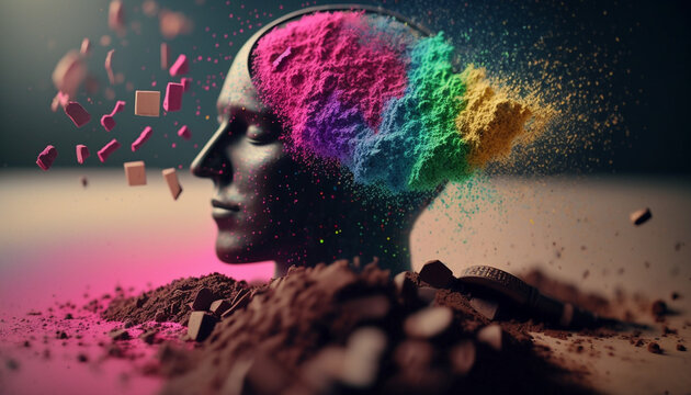 Artistic illustration of a human brain exploding with fantasy dust with knowledge and creativity. AI Generative.