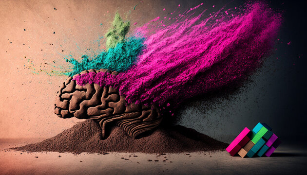 Artistic illustration of a human brain exploding with fantasy dust with knowledge and creativity. AI Generative.