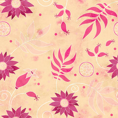 Fototapeta na wymiar Seamless pattern with floral ornament. Bright burgundy flowers and buds on a light watercolor background. Raster illustration for postcard, packaging or wrapping design. Printing on paper or fabric.