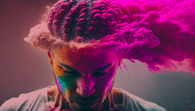 Artistic illustration of a human brain exploding with fantasy dust with knowledge and creativity. AI Generative.