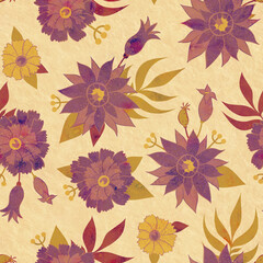 Retro seamless pattern with floral ornament. Raster illustration for interior design, packaging printing, wrapping, postcard. Printing on fabric and paper.