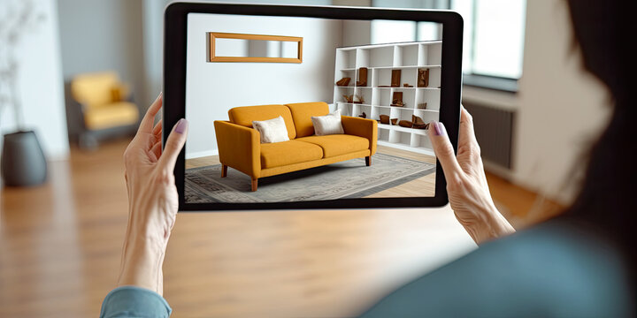 Using tablet to try furniture in a new house. Augmented reality applied to real estate business - Generative AI