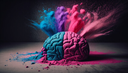 Artistic illustration of a human brain exploding with fantasy dust with knowledge and creativity. AI Generative.