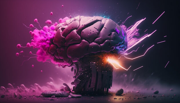 Fantasy art illustration of a human brain exploding with knowledge and creativity, Ai generative.