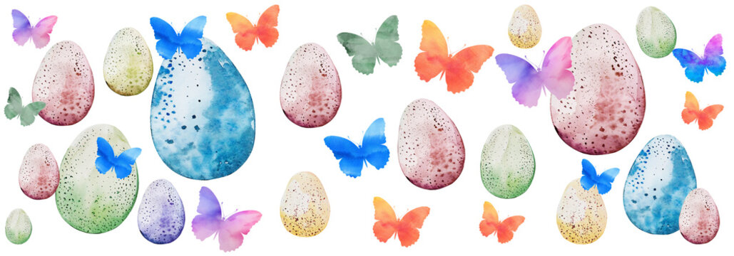 Watercolour illustration with eggs, butterflies. Holiday Easter pattern.