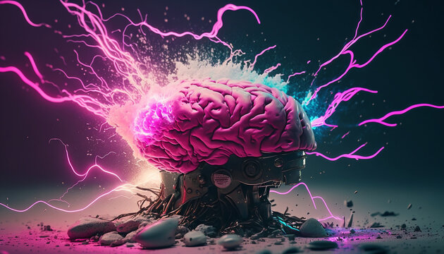 Fantasy art illustration of a human brain exploding with knowledge and creativity, Ai generative.