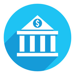 Bank building. flat icon. long shadow design. blue background