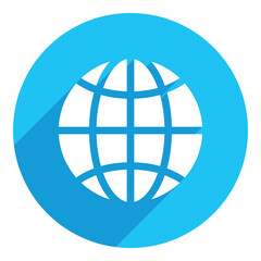 Global business concept. Sphere sign. flat icon. long shadow design. blue background.