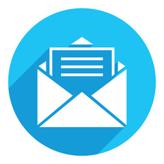 Incoming message or e-mail. flat icon. long shadow design. blue background.