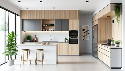 Modern kitchen interior idea, neutral color palette, wood walls and furnitures. Generative AI illustration.