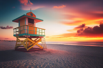 Lifeguard tower on beach on sunset. Miami Beach with lifeguard tower. Rescue tower with lifeguard to watch swimmers in sea to prevent drowning and danger. Colourful Sunset on beach. Ai Generated. - obrazy, fototapety, plakaty