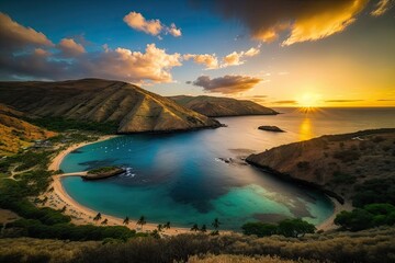 Fototapeta premium Sunrise over the world famous and popular place, Hanauma Bay in Honolulu on the island of Oahu, Hawaii. Generative AI