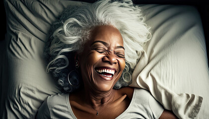 Sincere smile of an exultant mature woman with white hair waking up. Generative AI