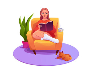 Happy Woman with Book Resting in Armchair and Drinking Tea. Reading Hobby. Cozy at Home. Cute Vector Illustration in Cartoon Style. 