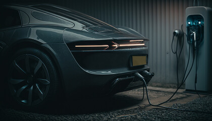 Concept of EV charger station application graphic of electric car charging. Generative AI.