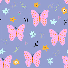 seamless pattern with abstract flowers and butterflies.Childish print for wallpaper,kids fabric,nursery interior,pastel baby shower illustration in doodle style,violet background.