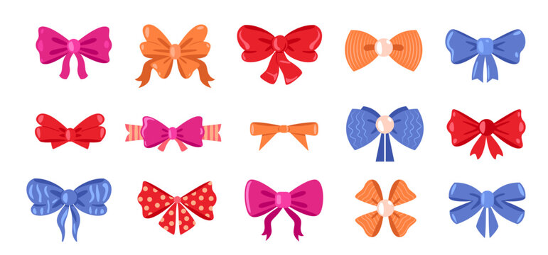 Bows with ribbons. Cute hair bowknot and gift package tied elements, cartoon colorful woman hairstyle accessory different shapes and textures. Vector set