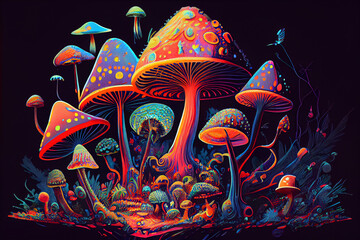 Magic mushrooms. Psychedelic hallucination. Vibrant illustration. 60s 70s hippie colorful art