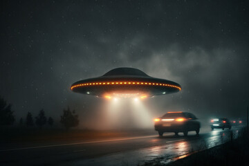Fototapeta na wymiar Ai artwork of a ufo in the night above a rural road with a car passing. Generative ai.