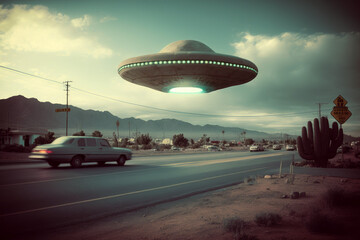 Fototapeta na wymiar Ai artwork of a ufo above a rural road with a car passing. Generative ai.